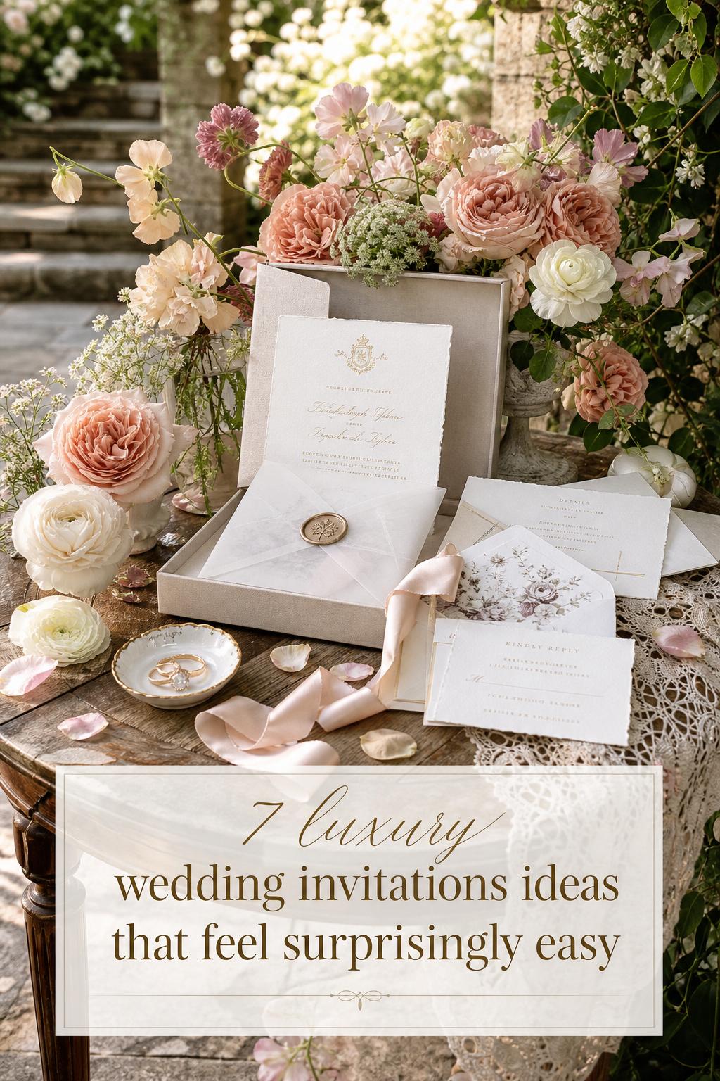 Luxury wedding invitations suite on antique garden table with blush roses, wax seal, vellum, and satin ribbon in soft daylight