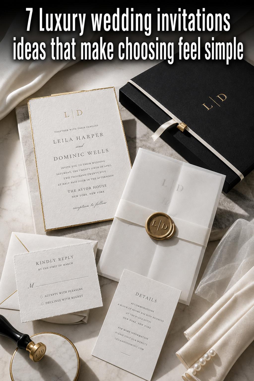 Luxury wedding invitations arranged on a marble table with gold foil details and blush florals