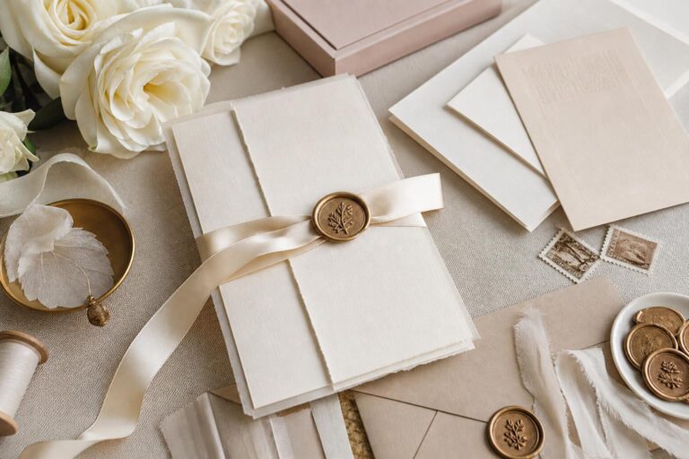 Luxury wedding invitations suite with letterpress details, foil accents, and wax seal on thick cotton paper