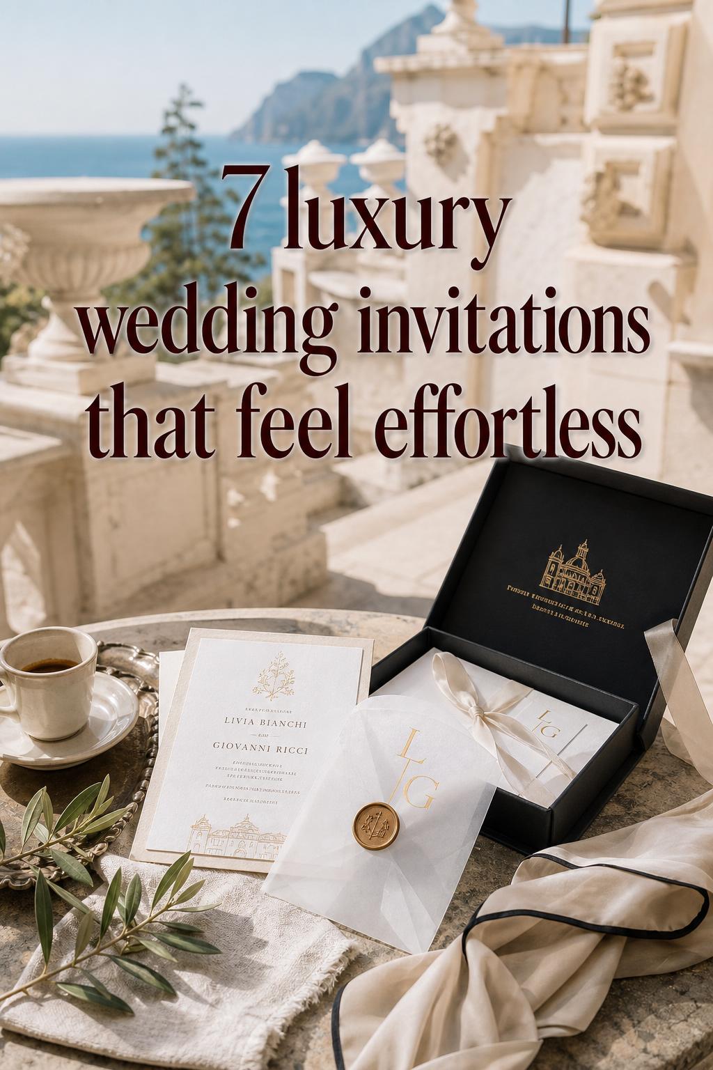 Luxury wedding invitations on a sunlit Mediterranean terrace café table with wax seal, ribbon, and sea-view backdrop