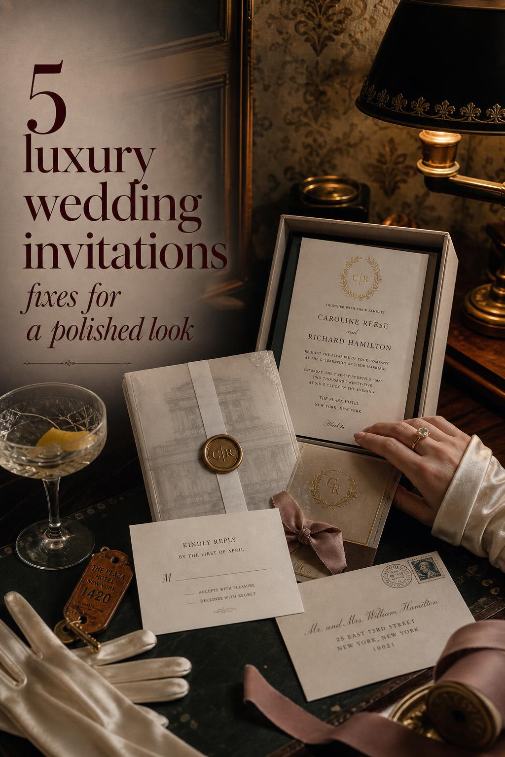 Luxury wedding invitations on a vintage hotel desk with wax seals, satin ribbon, and champagne-gold foil under warm light