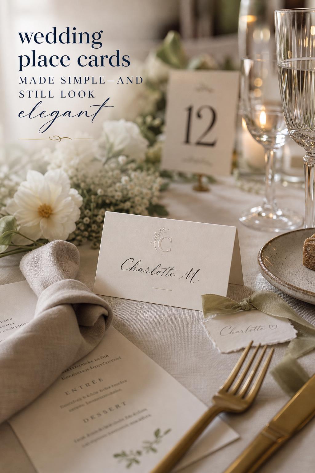 Luxury wedding place cards on an elegant reception table with linen napkin, gold flatware, candlelight and crystal stemware