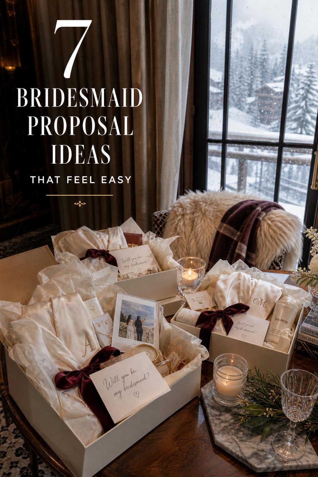 Bridesmaid proposal ideas styled in luxury winter gift boxes by a snowy window in an alpine resort suite
