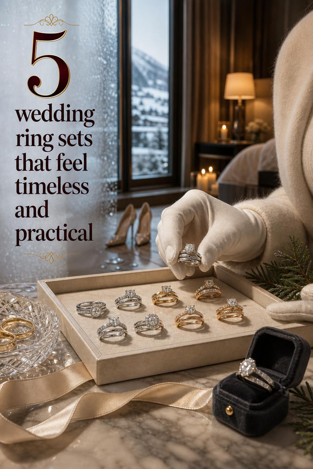 Wedding ring sets on a jeweler’s tray beside a snowy window in a luxury bridal suite, macro close-up with candlelight.