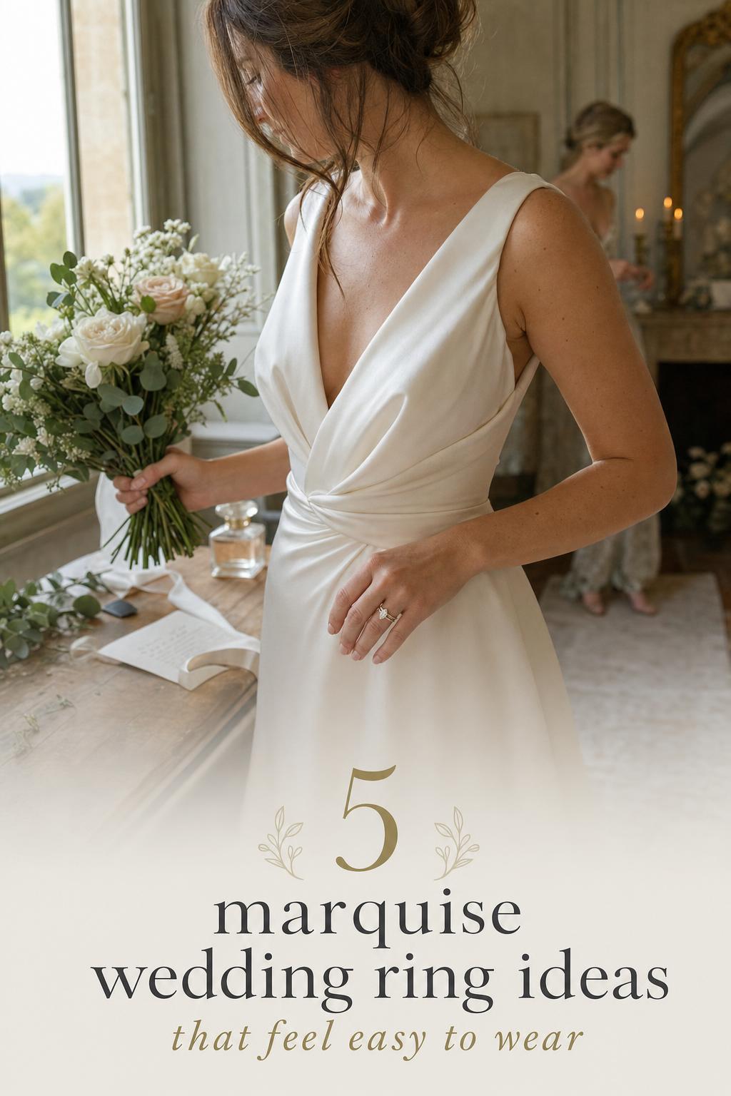 Bride adjusting bouquet in window light showcasing a marquise wedding ring with slim stacked bands in a historic bridal suite