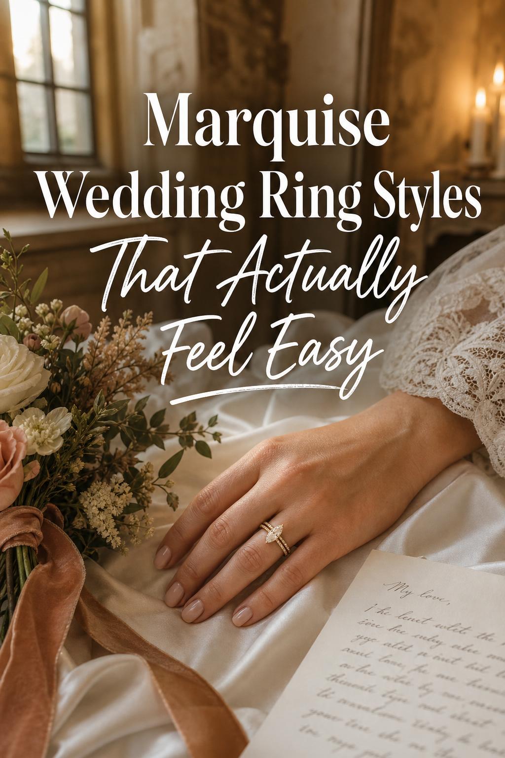 Bride’s hand on ivory silk with marquise wedding ring and gold band beside bouquet and vows in warm window light
