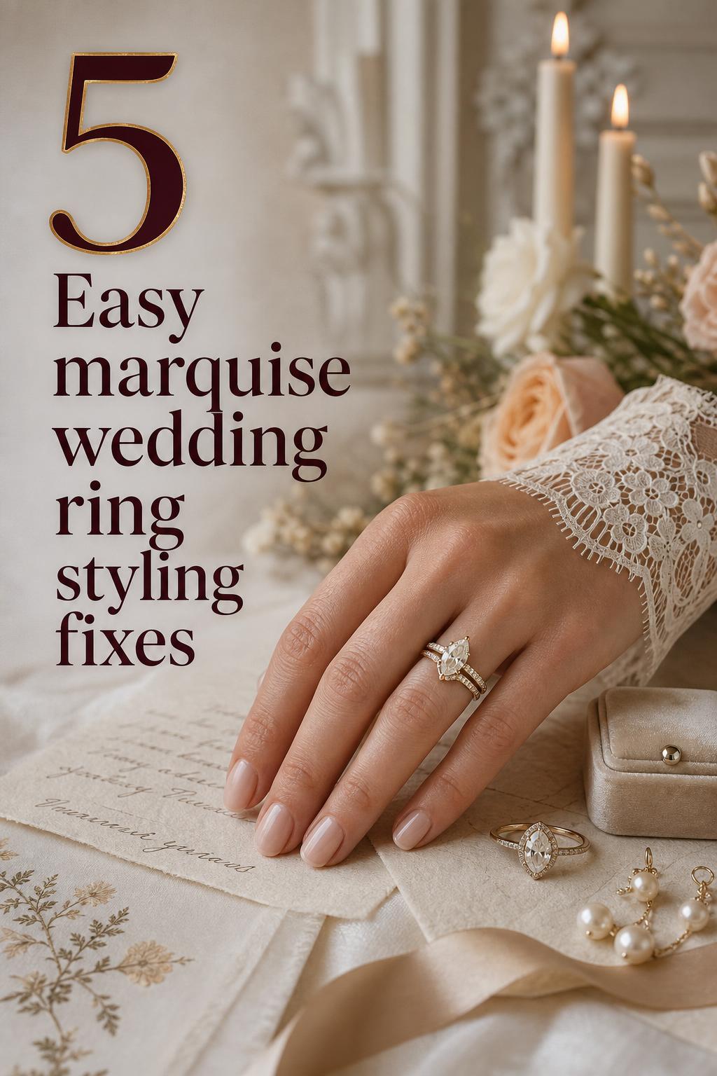 Marquise wedding ring close-up on bride’s hand over ivory silk and vows with pearls, roses, and velvet box in soft light