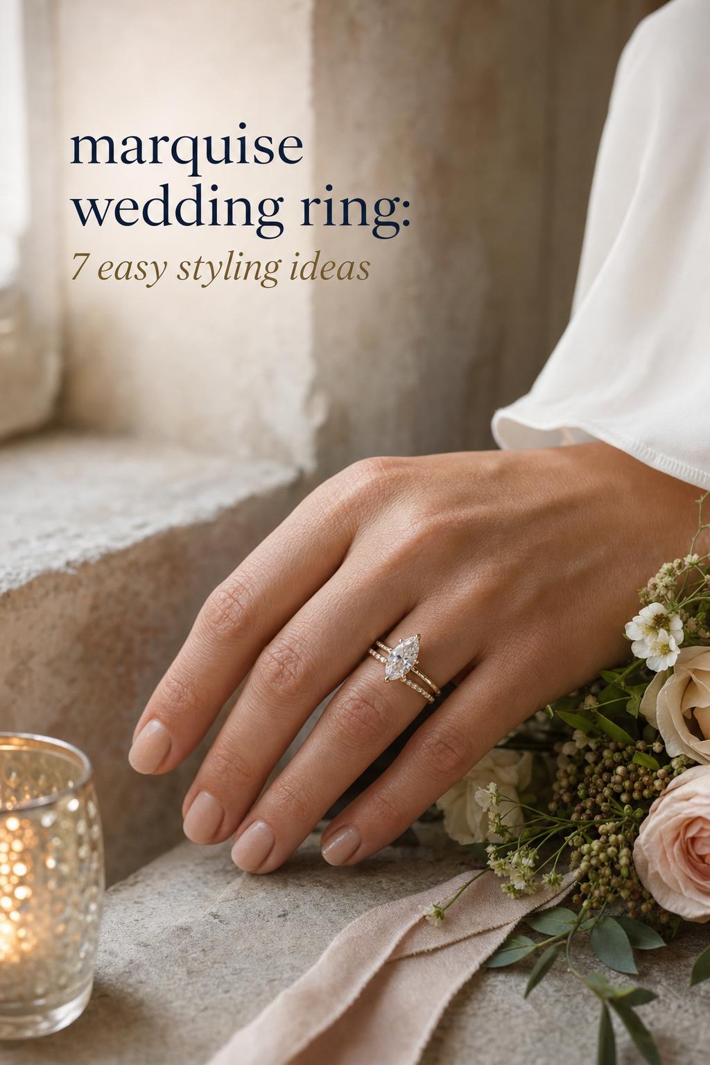 Marquise wedding ring on bride’s hand with slim stacked bands, silk gown and soft florals in warm editorial light