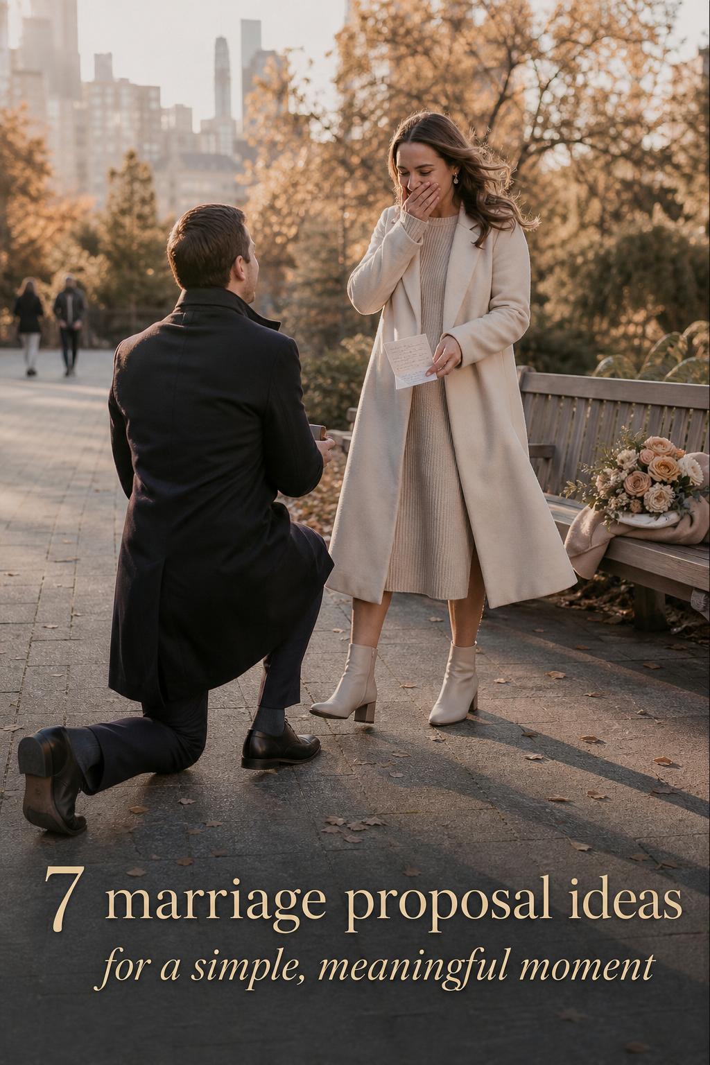 marriage proposal ideas: candid golden-hour proposal in a quiet city garden, one kneeling as partner reacts in surprise