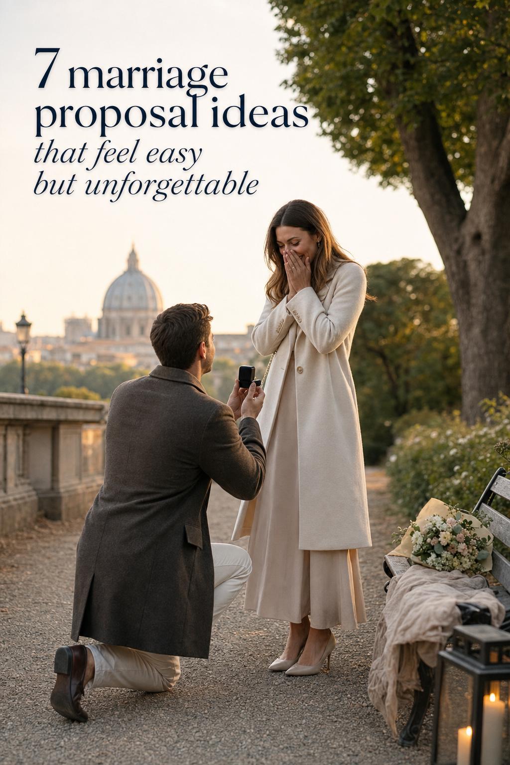 Marriage proposal ideas in a quiet city garden at golden hour, partner kneeling with subtle florals and candid surprise