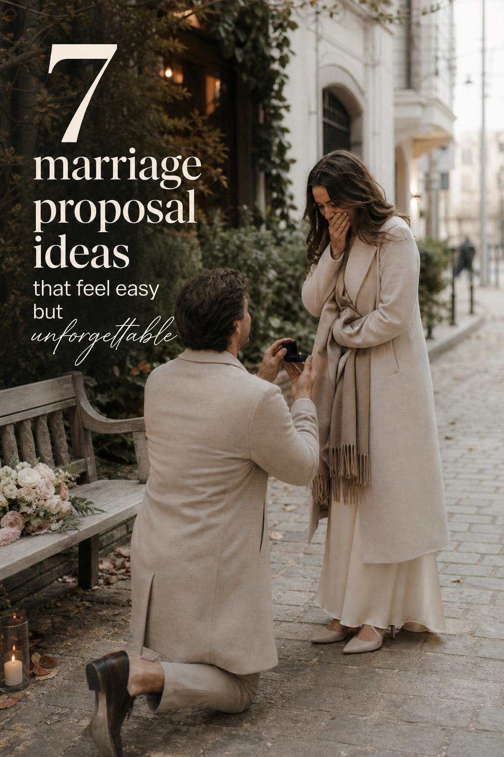 Marriage proposal ideas in a quiet garden-city setting as a partner kneels on a stone path at golden hour