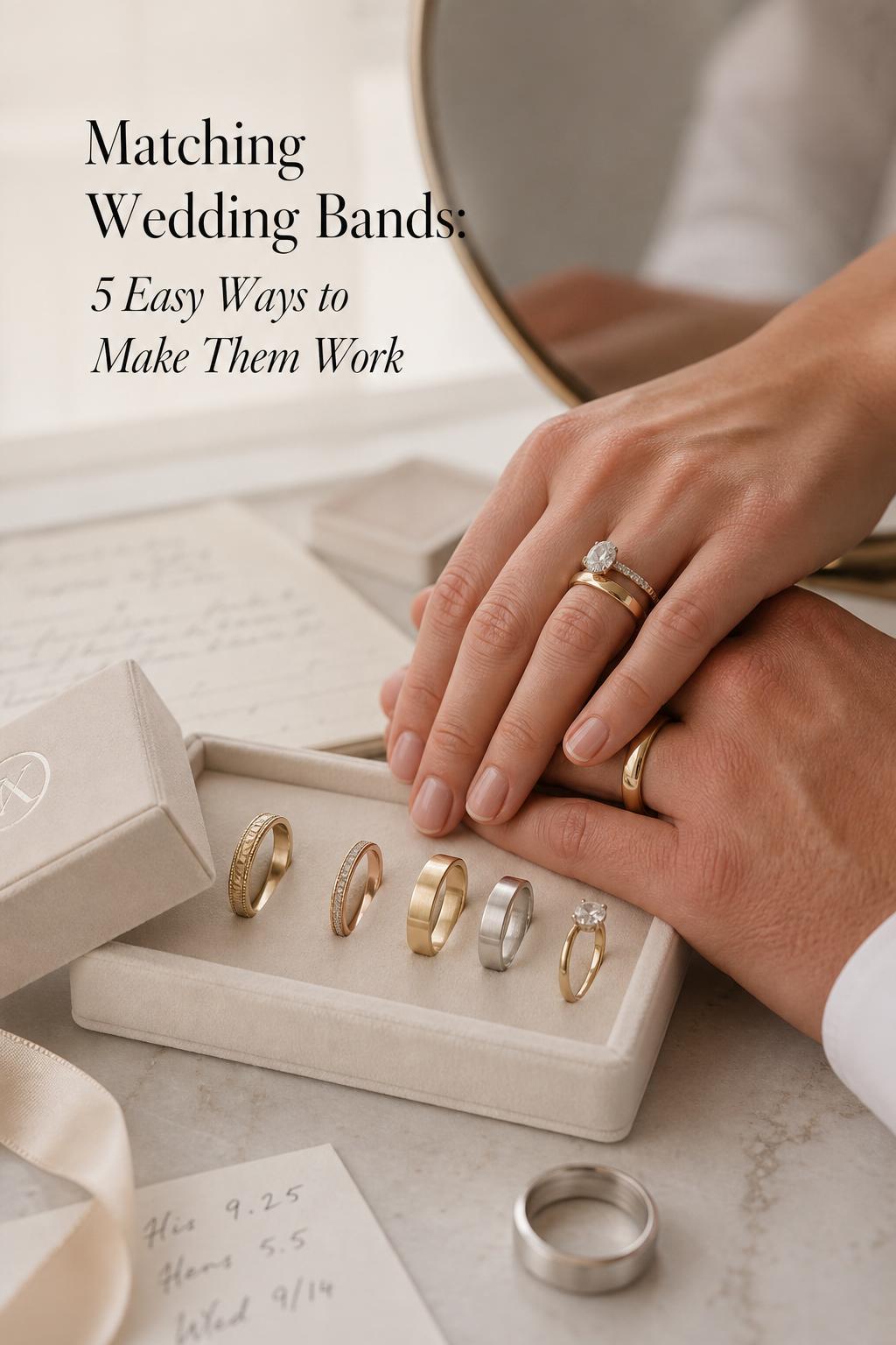 Close-up of two hands on an ivory silk tray comparing matching wedding bands beside an engagement ring in soft daylight
