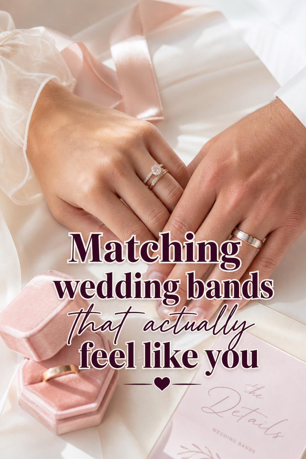 Close-up of hands choosing matching wedding bands in a bright bridal suite with pastel details, ribbon, and ring box