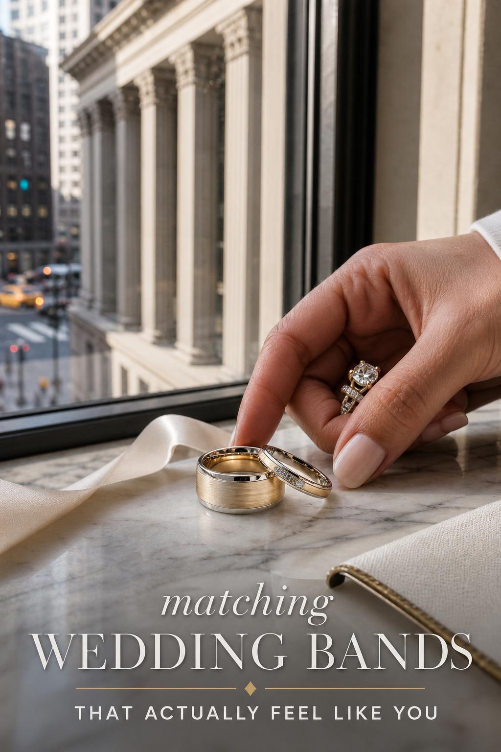 Matching wedding bands on a luxury hotel window ledge with engagement ring hand, city reflections and modern editorial style