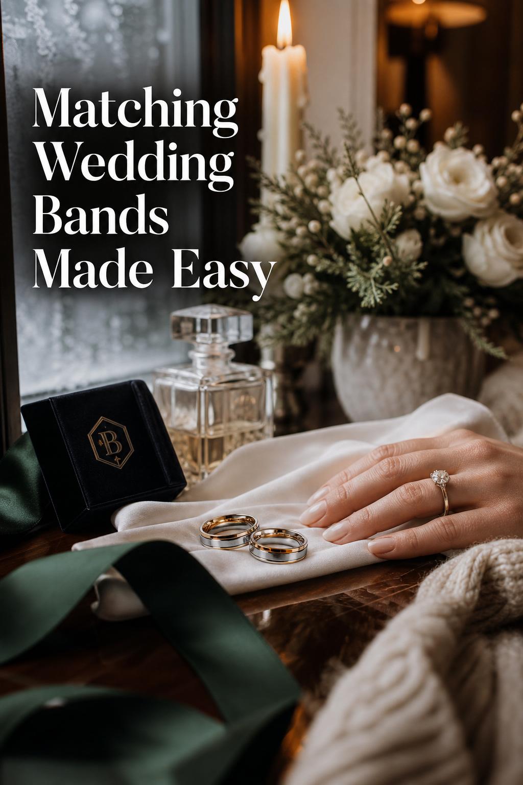 Matching wedding bands in gold and platinum beside bride’s gloved hand on satin in a winter bridal suite