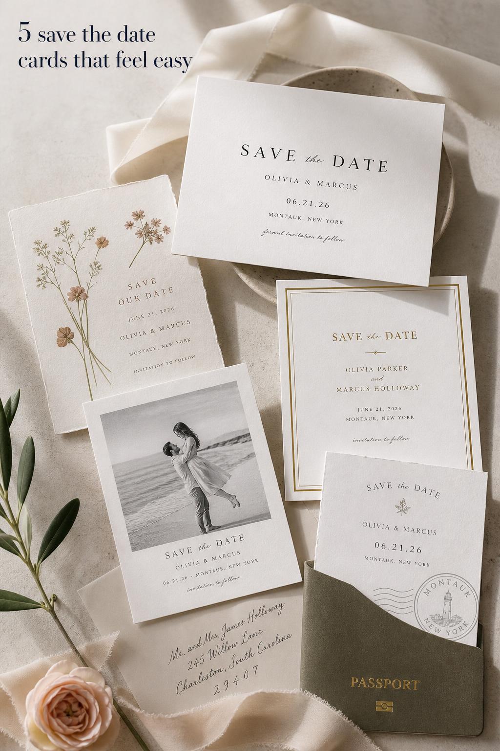 Minimalist flat lay of save the date cards on limestone with ivory ribbon, gold foil accents, and an addressed envelope