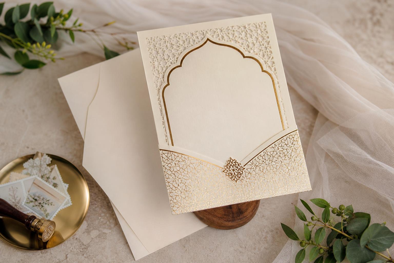 Elegant muslim wedding invitations with gold calligraphy and soft neutral details on a modern stationery suite