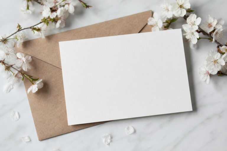 Modern romantic save the date cards with clean typography and soft spring florals on matte paper