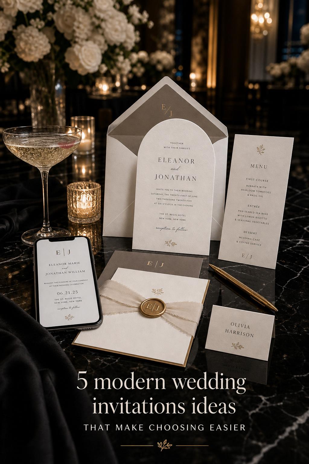 Modern wedding invitations flat lay on black marble table with gold foil, wax seal, and champagne coupe in a ballroom
