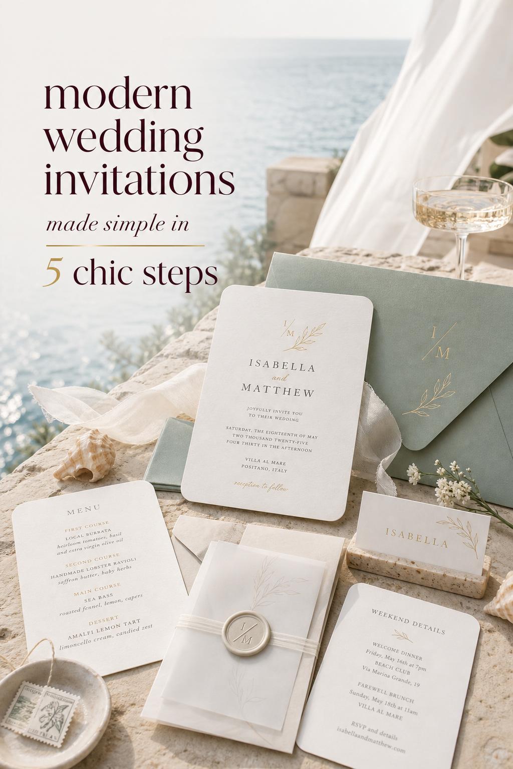 Modern wedding invitations styled on a stone table at a coastal luxury resort with soft ocean backdrop and silk ribbon