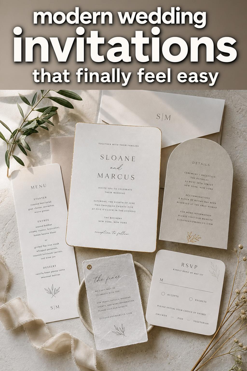 Modern wedding invitations arranged on a linen backdrop with elegant typography and soft neutral tones