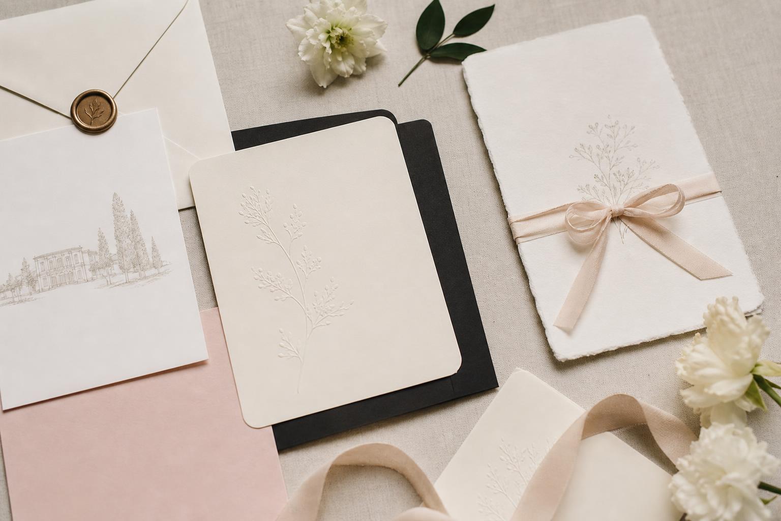 Modern wedding invitations suite with minimalist typography, neutral cards, and elegant envelope on a bright tabletop