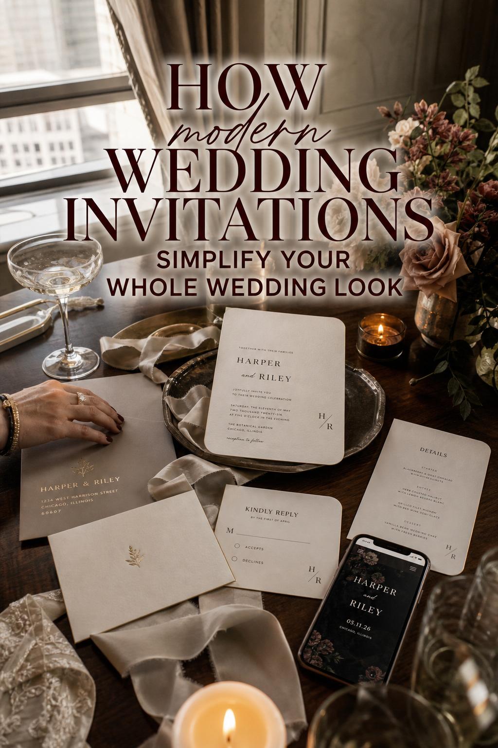 Modern wedding invitations styled on a dark wood table by a window with silk ribbon, candlelight, and matching digital details