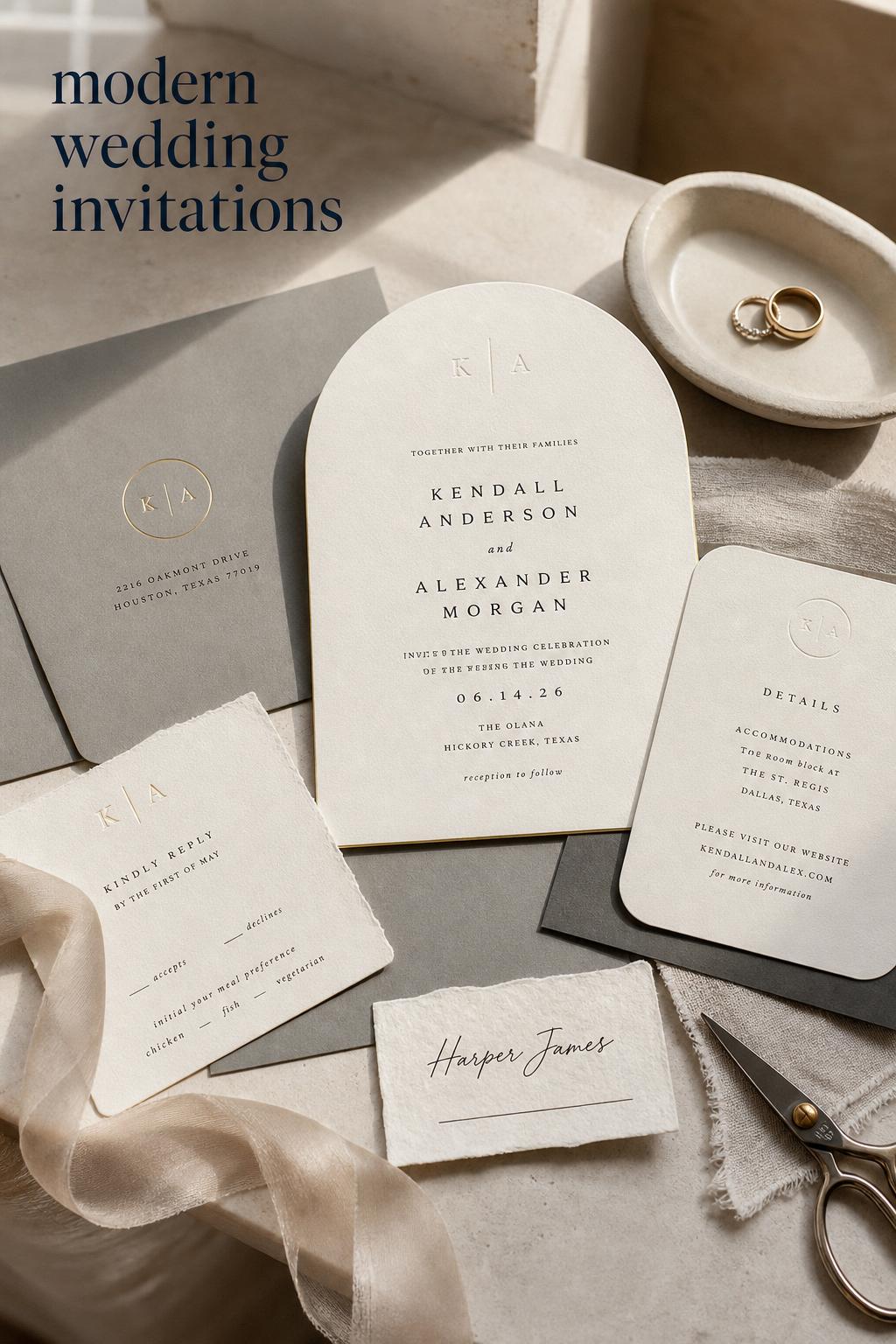 Modern wedding invitations suite on limestone table with ivory and taupe letterpress cards, envelopes, ribbon, and styling tools