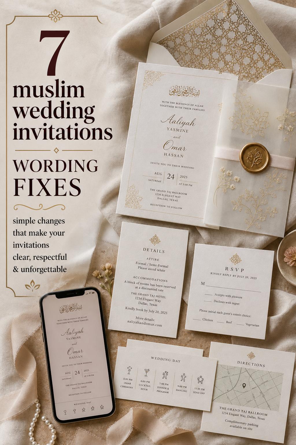 Muslim wedding invitations flat lay with Arabic calligraphy, gold foil, vellum, wax seal, and digital invite on phone