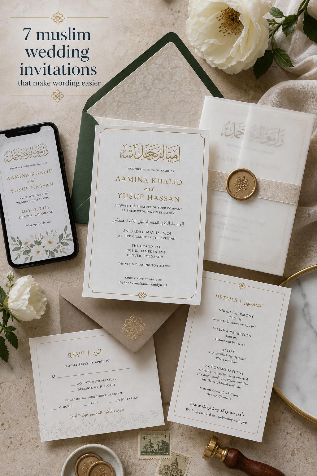 Muslim wedding invitations suite flat lay with bilingual wording, Arabic calligraphy, foil accents, and matching digital invite