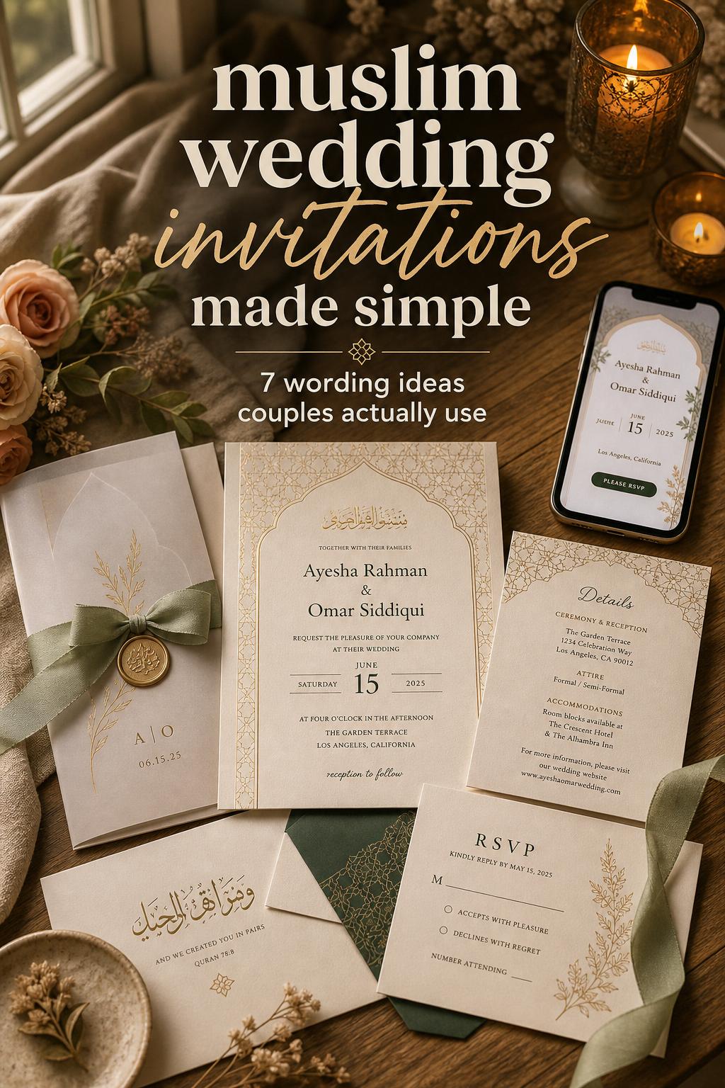 Muslim wedding invitations suite on wood table with gold foil, Arabic calligraphy, envelopes, ribbon, and phone preview
