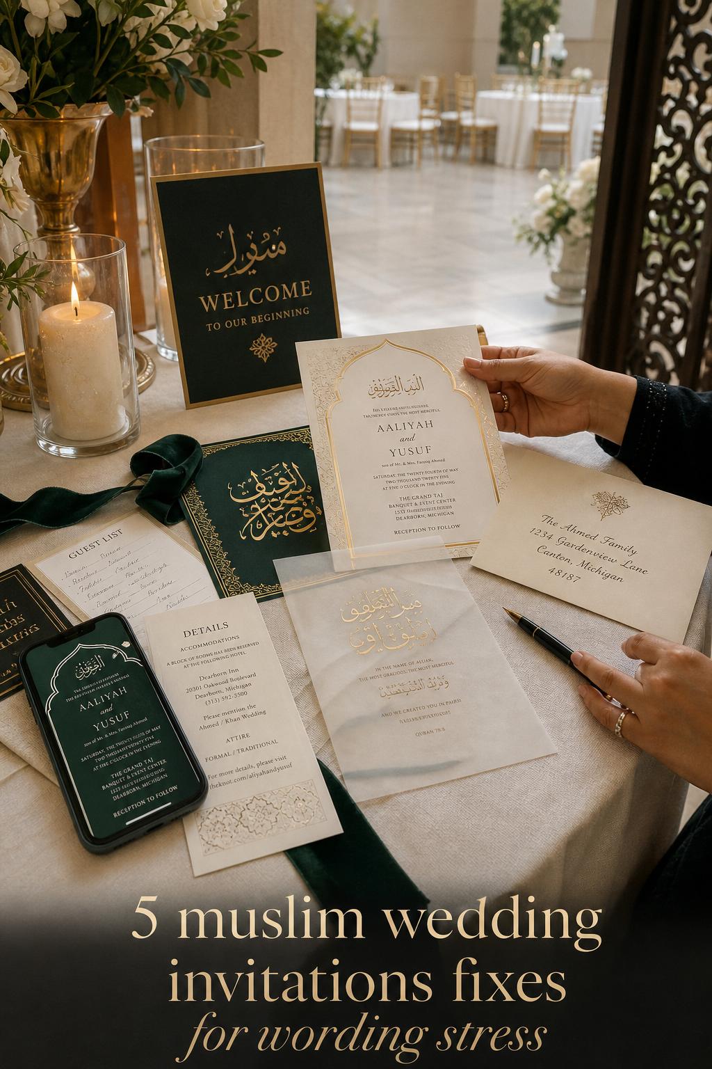 Muslim wedding invitations arranged on linen welcome table with Arabic calligraphy, gold foil accents, and planner hand in venue