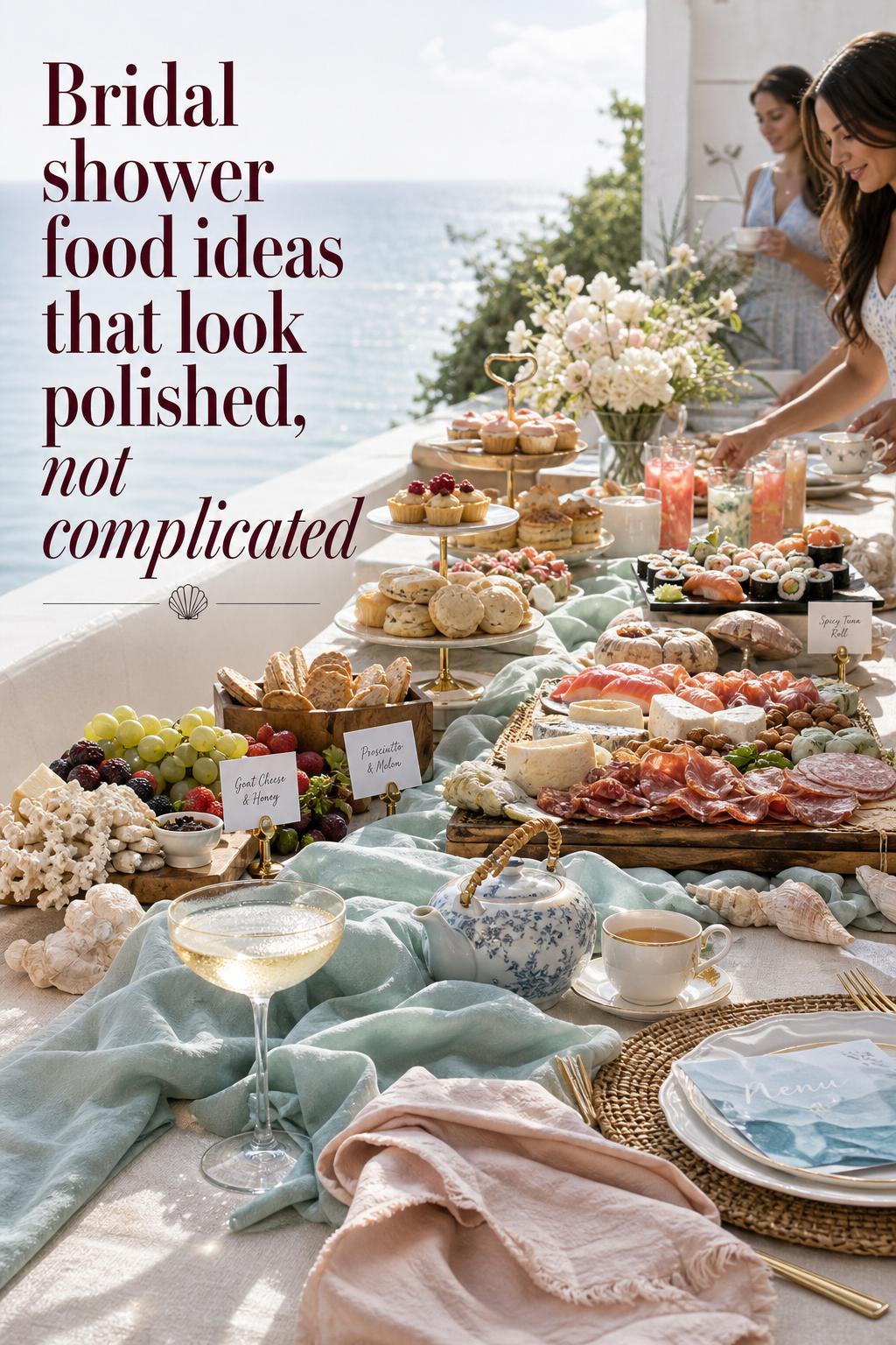 Oceanfront bridal shower grazing table with charcuterie, pastries, sushi and mocktails, showcasing bridal shower food ideas
