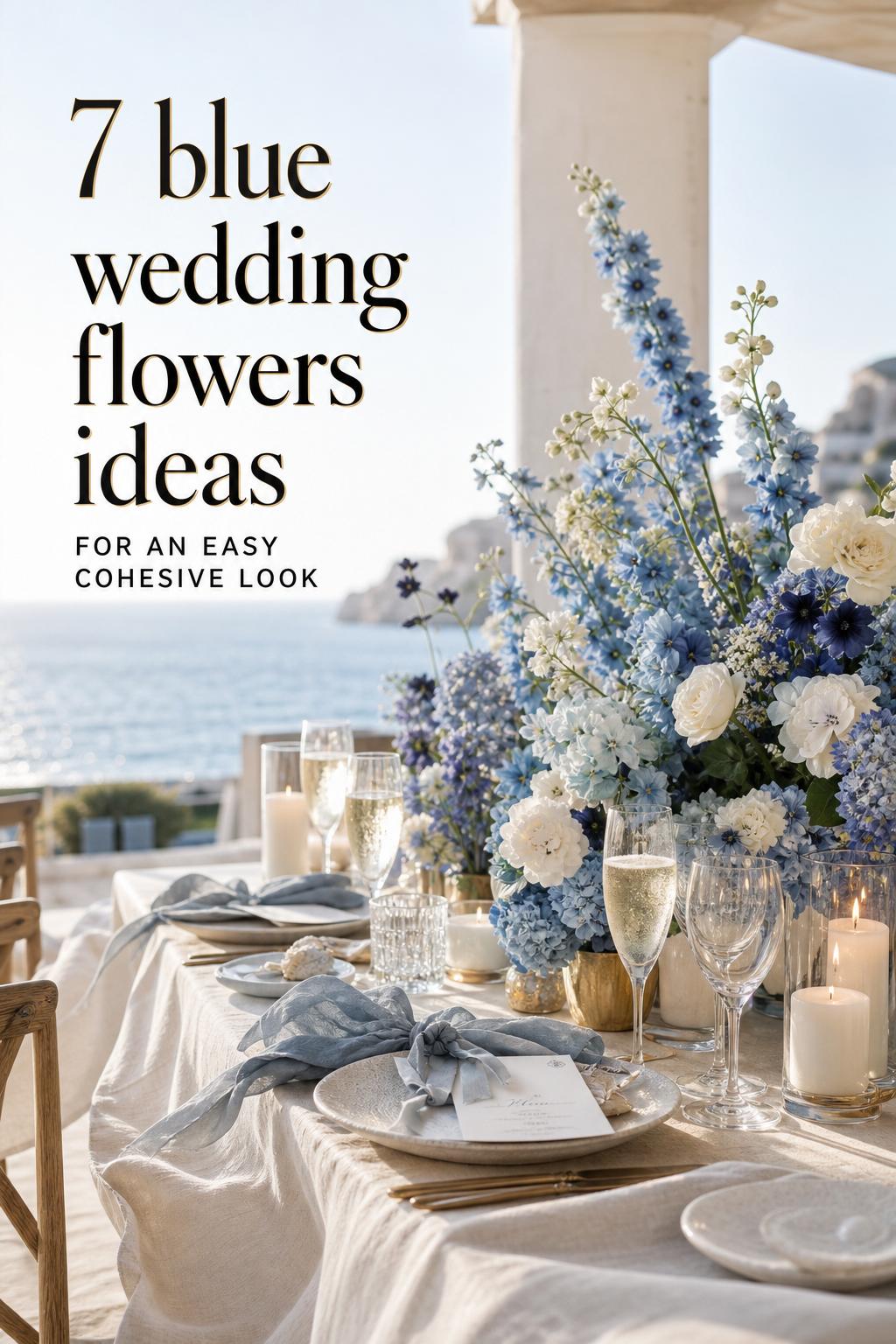 Oceanfront reception table with blue wedding flowers in a modern coastal luxury wedding editorial setting