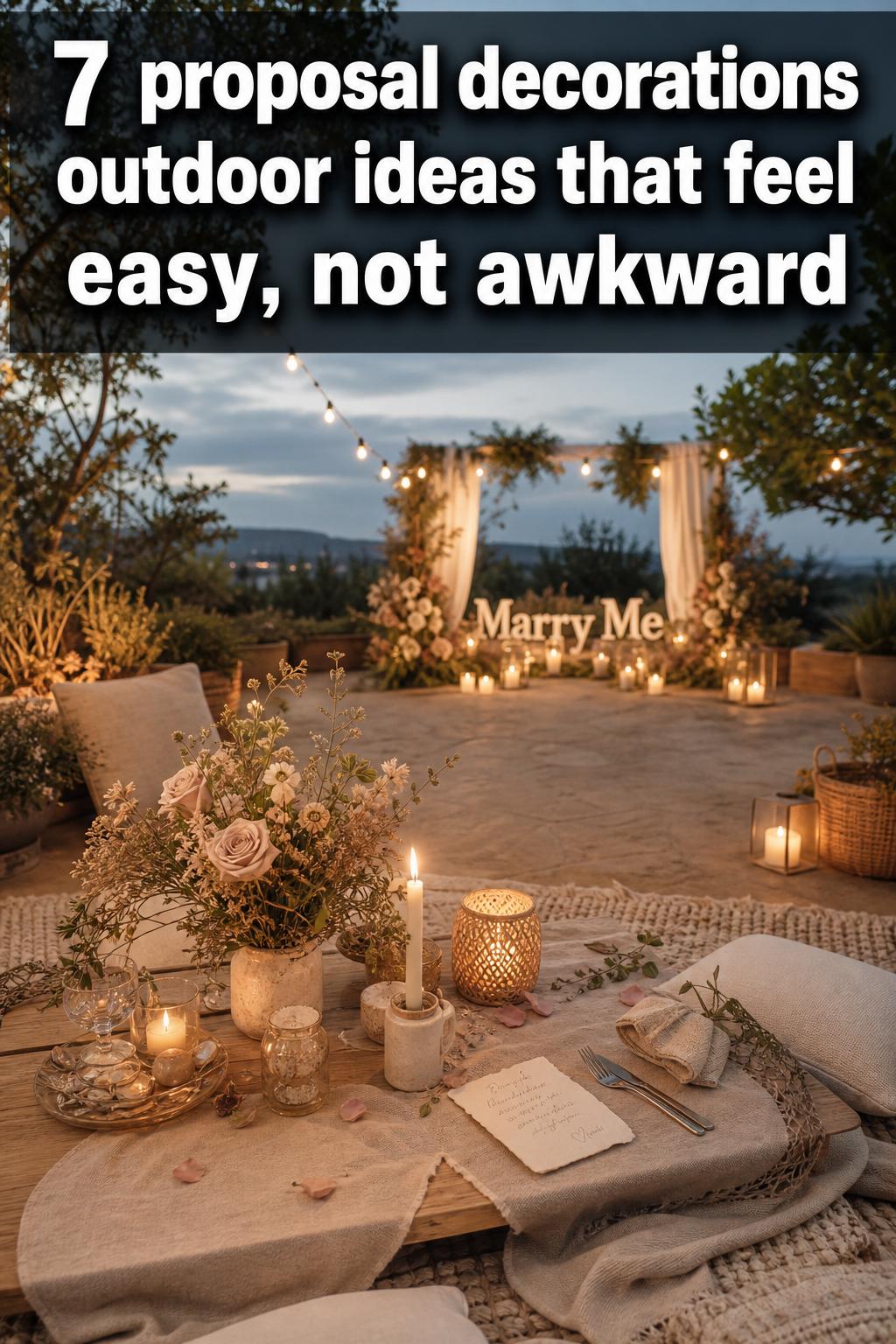 Outdoor proposal decorations with romantic candles, flowers, and string lights set up in a garden at sunset