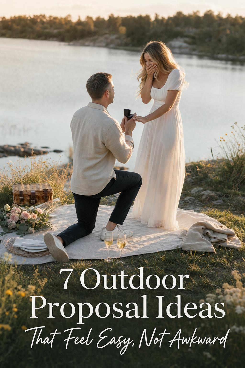 Outdoor proposal ideas at golden-hour lakeside overlook with man kneeling on picnic blanket and partner reacting in surprise
