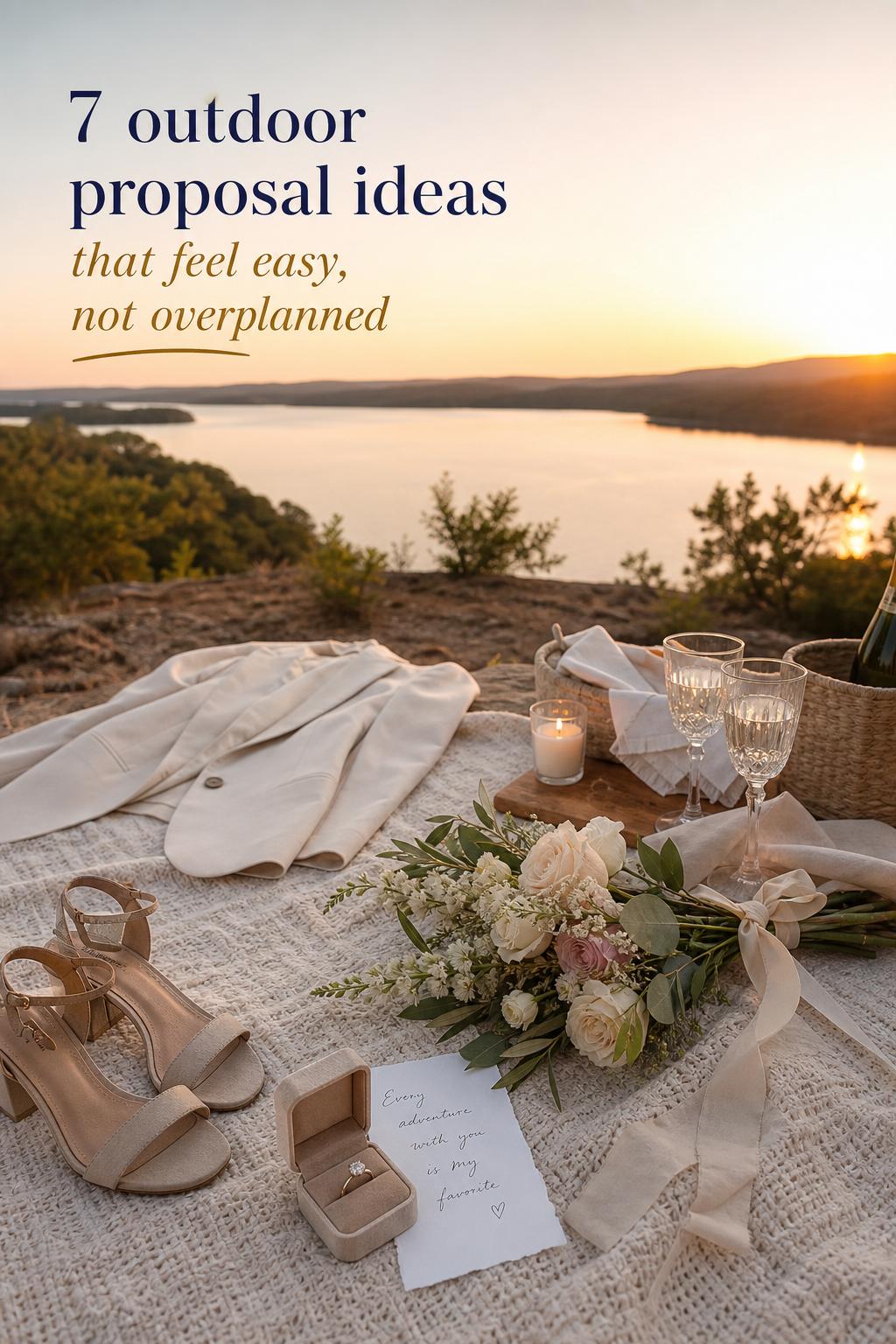 Outdoor proposal ideas photo of a golden-hour lakeside picnic setup with ring box, note, bouquet, and text overlay