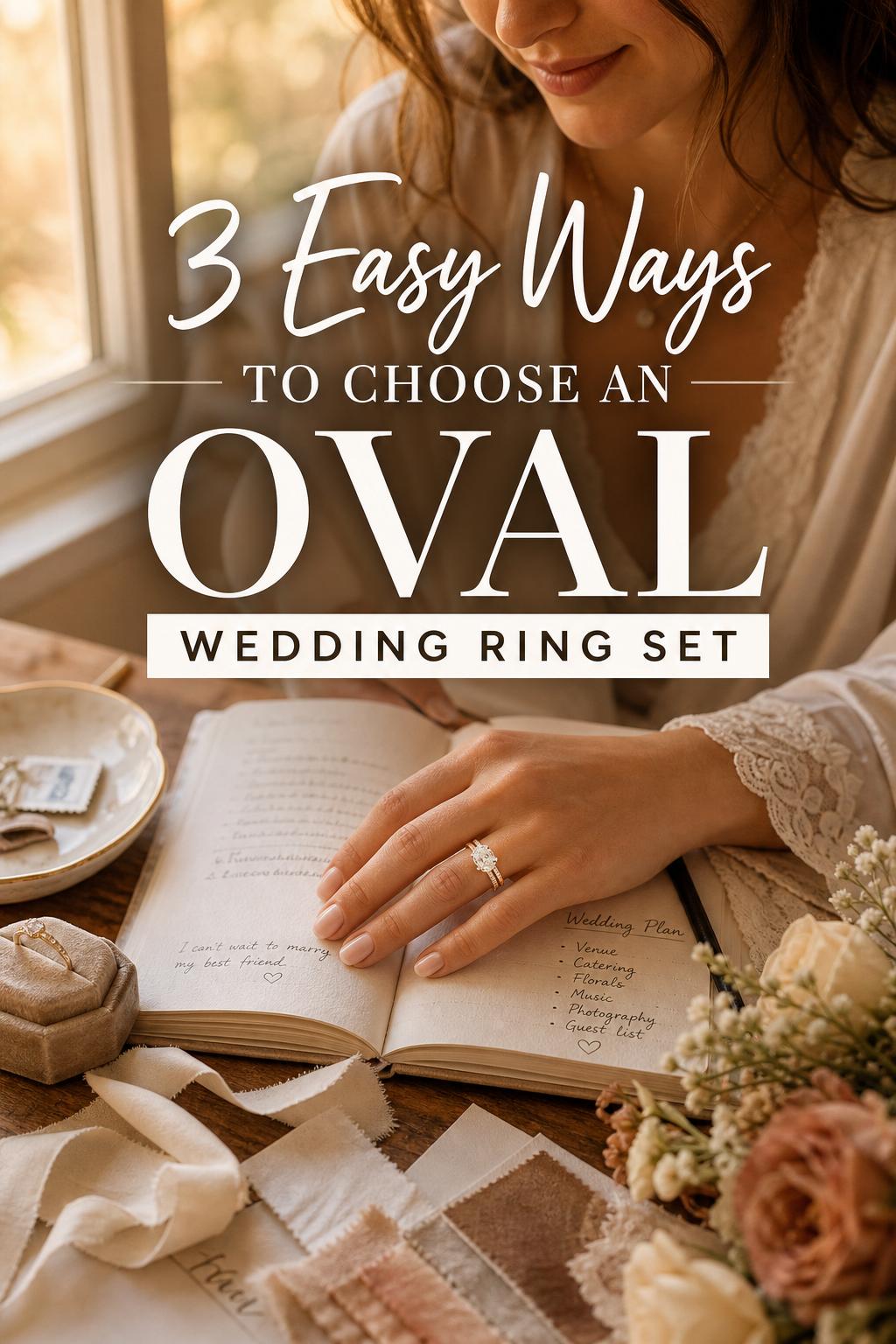 Bride planning by a sunlit window, holding an oval wedding ring set over a linen wedding planner with warm golden-hour details.