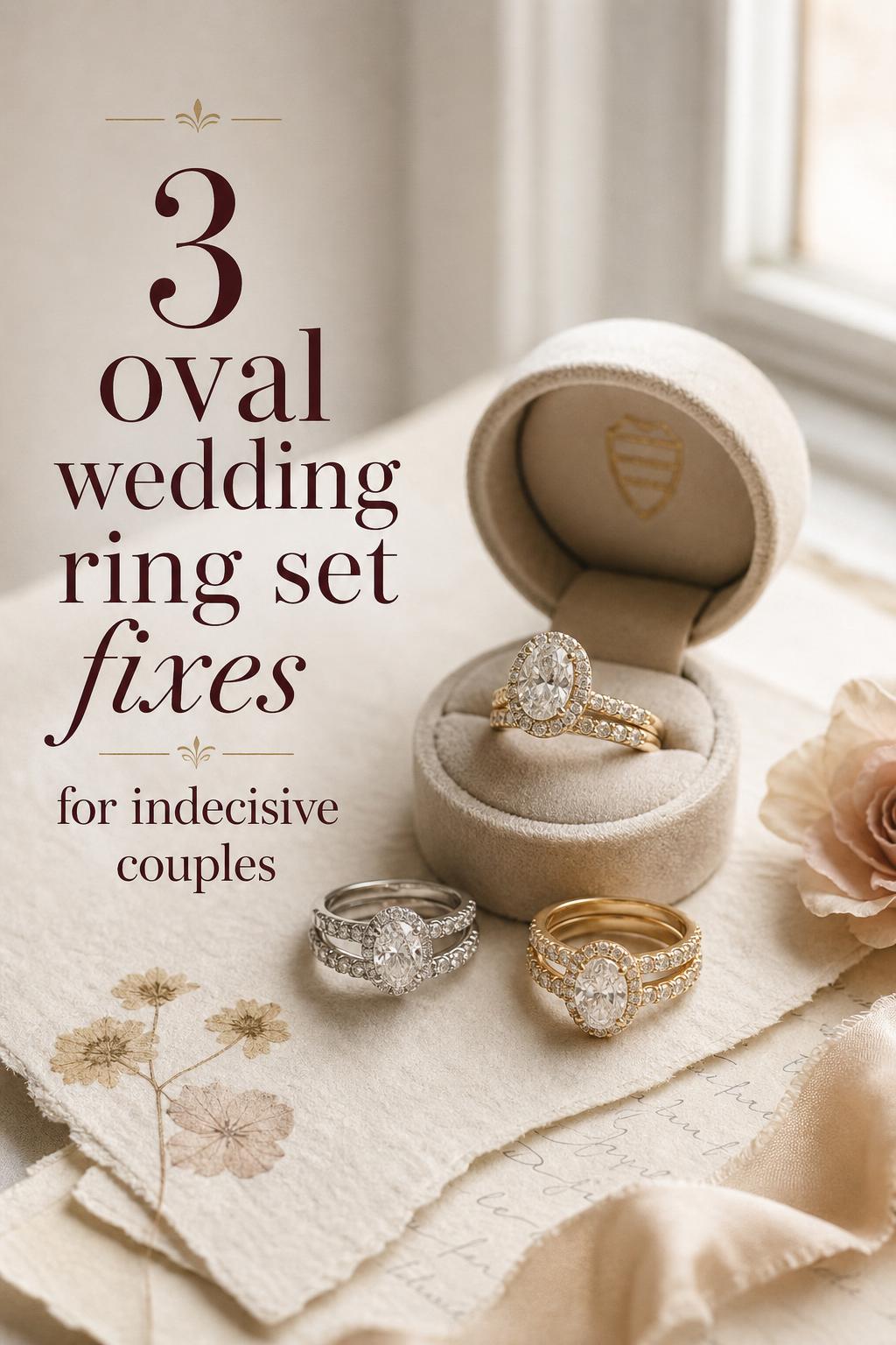 Oval wedding ring set on linen and ivory paper near a window, with ring box, ribbon, petals and text overlay for planning.