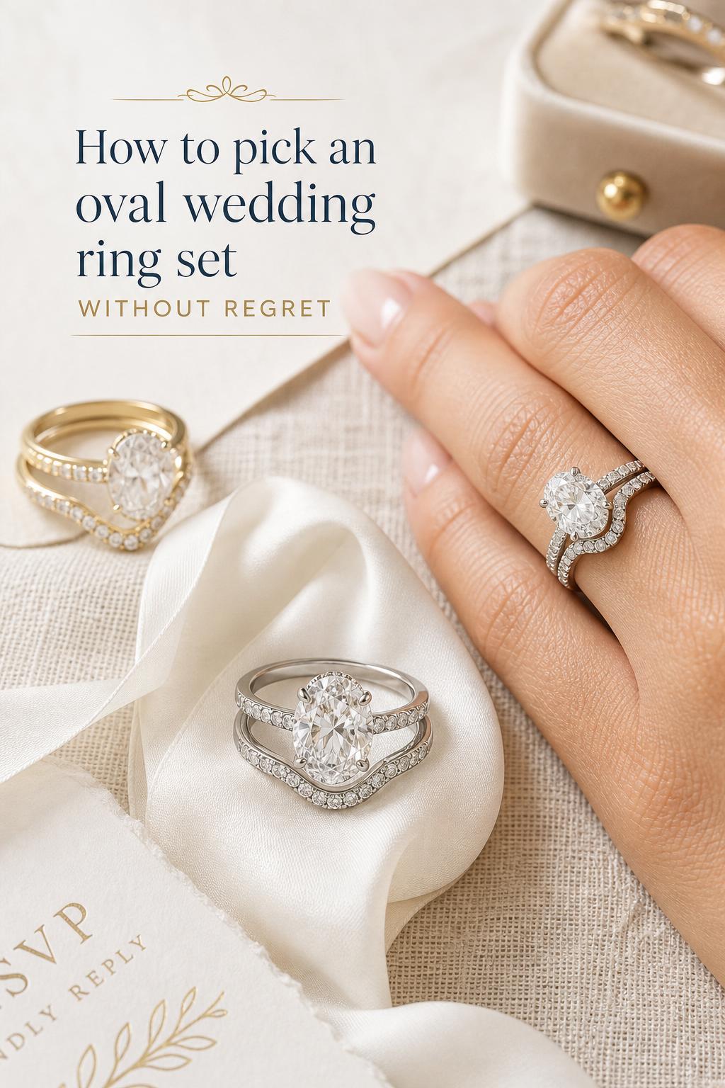 Oval wedding ring set on ivory silk ribbon with contoured band, worn on hand, soft linen flat lay in window light