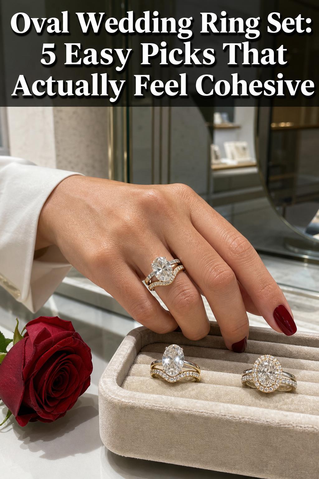Oval wedding ring set photographed in natural light with elegant solitaire engagement ring and matching band