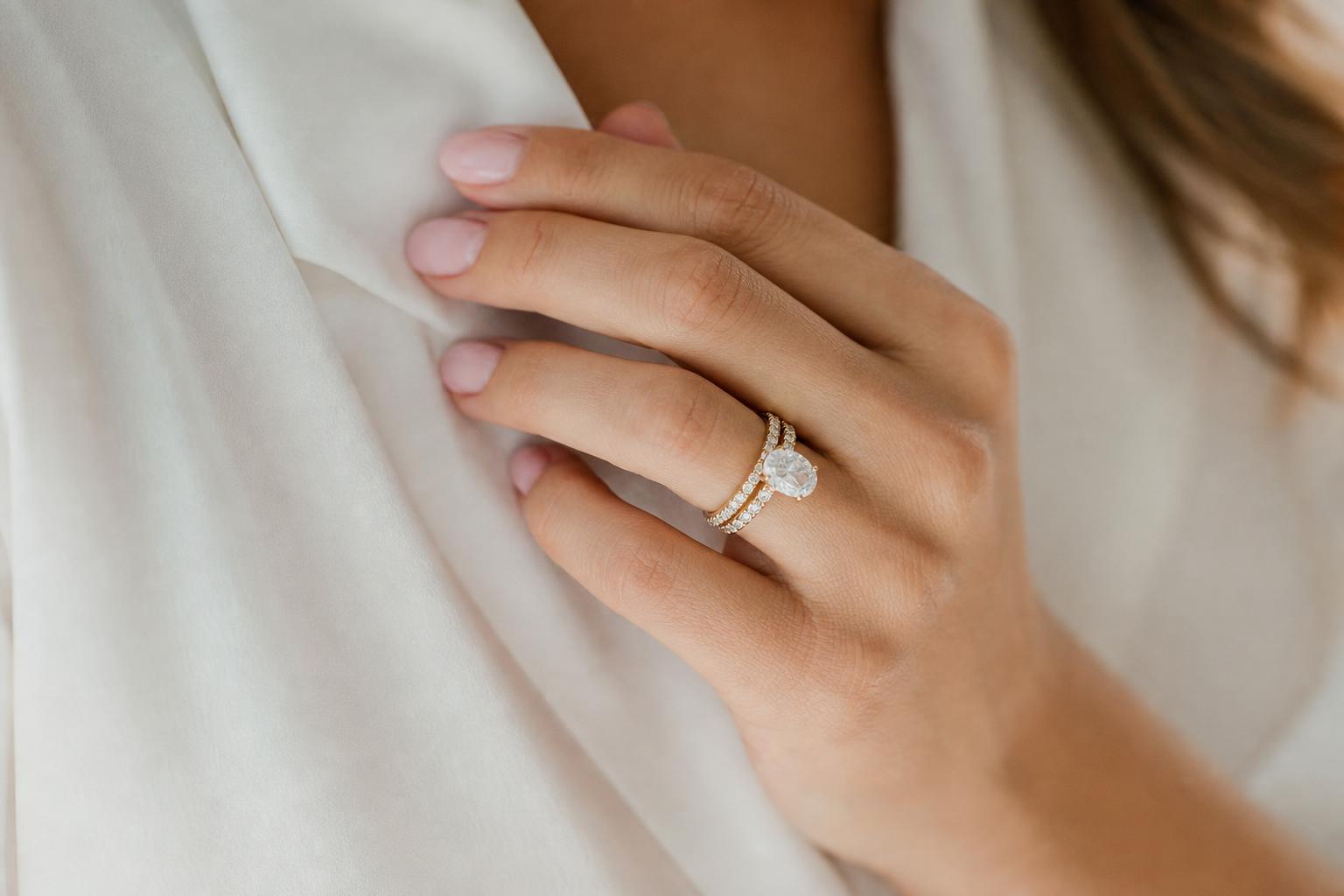 Oval wedding ring set with halo engagement ring and matching band in white gold on a bridal jewelry display