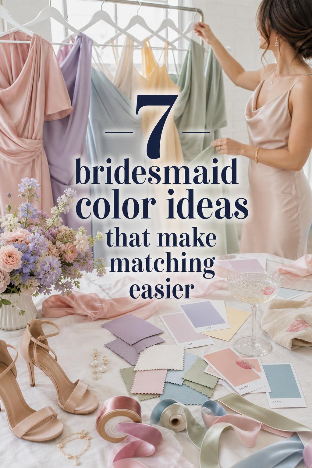 Pastel bridesmaid flatlay and loft window styling with dresses, swatches, and ribbons for bridesmaid color ideas