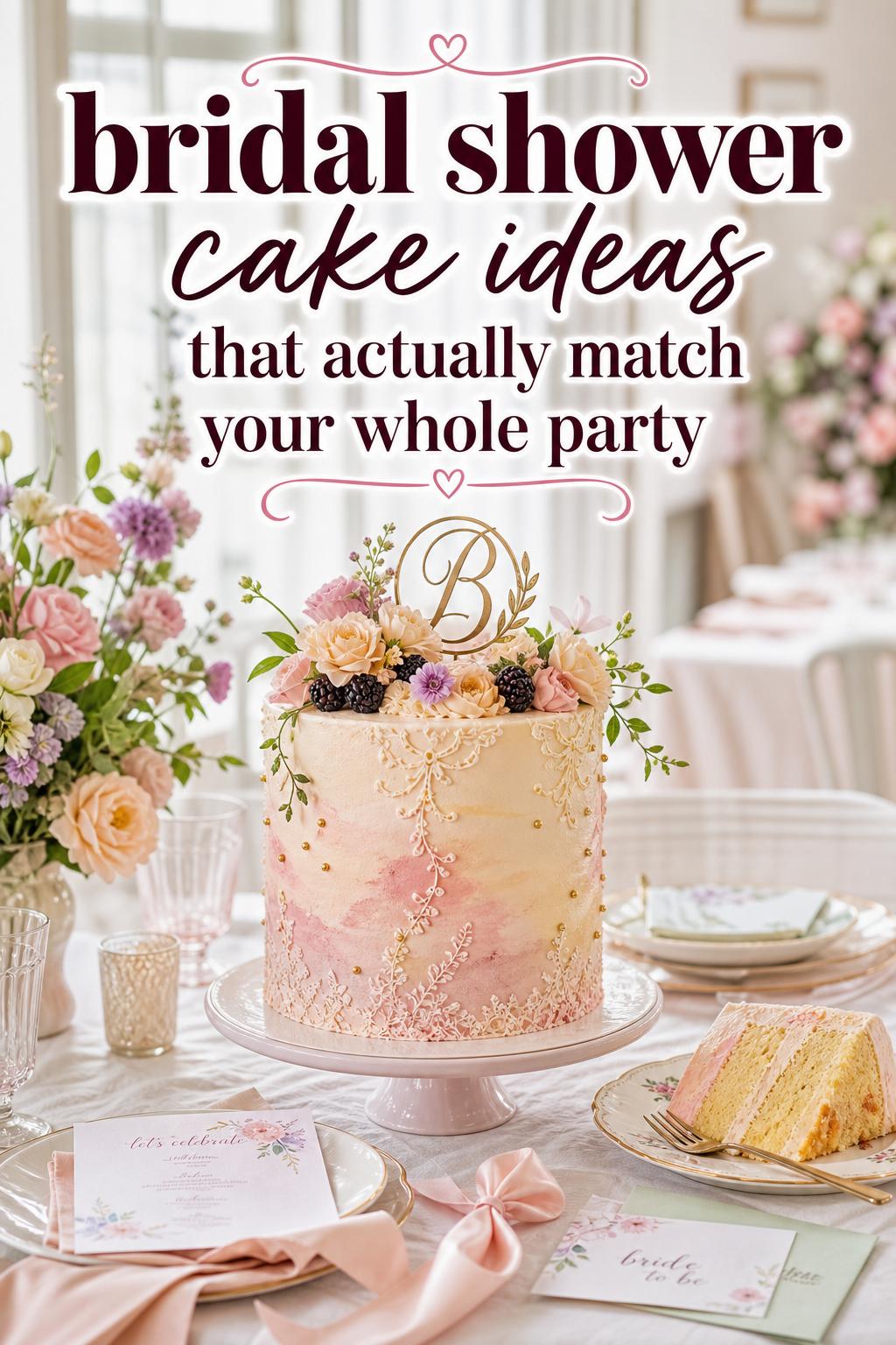 Pastel ombré bridal shower cake ideas centerpiece on a modern dessert table with florals, ribbons, and a sliced piece