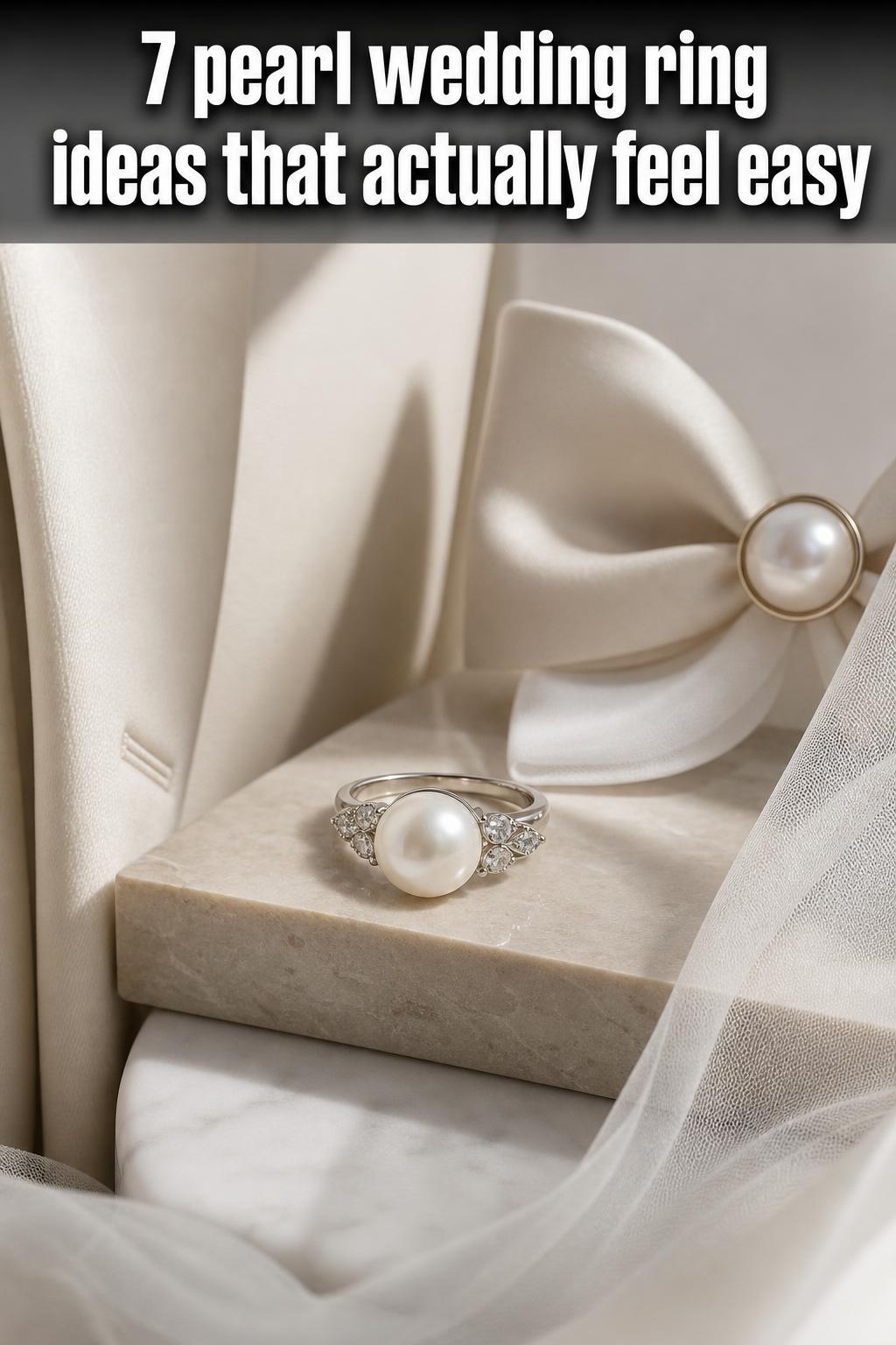 Pearl wedding ring in a close-up photo with elegant details and soft natural light