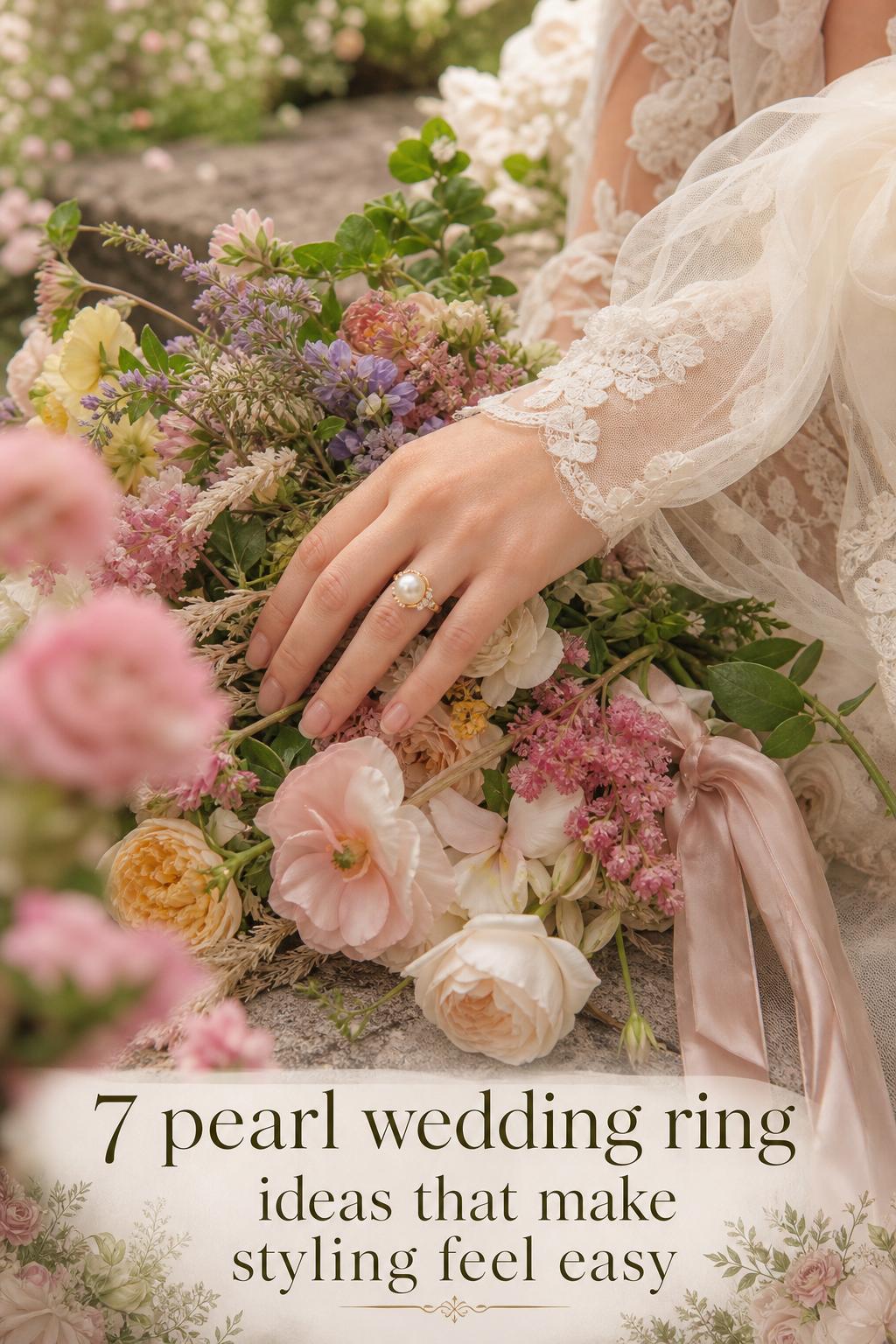Bride hand on bouquet showcasing a pearl wedding ring in warm gold with diamonds, surrounded by romantic garden florals