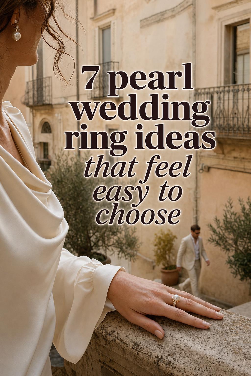 Pearl wedding ring in gold setting on bride’s hand in sunlit Mediterranean courtyard, luxury editorial wedding photo