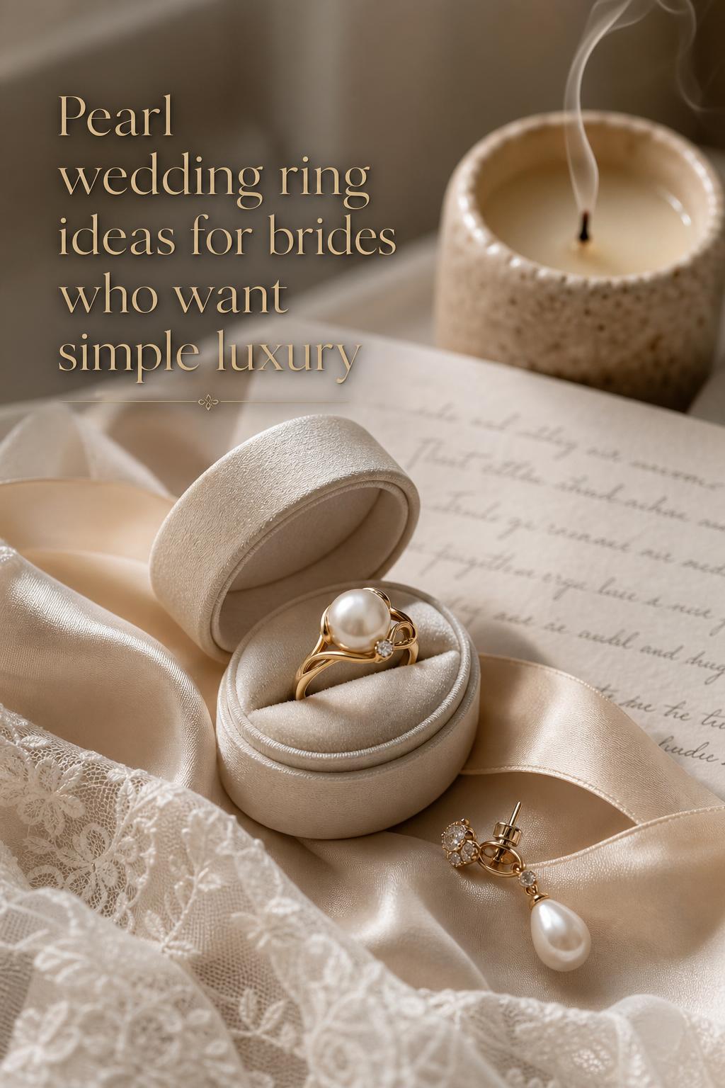 Pearl wedding ring in ivory silk ring box on champagne ribbon with lace veil, earring, vows, and candle smoke