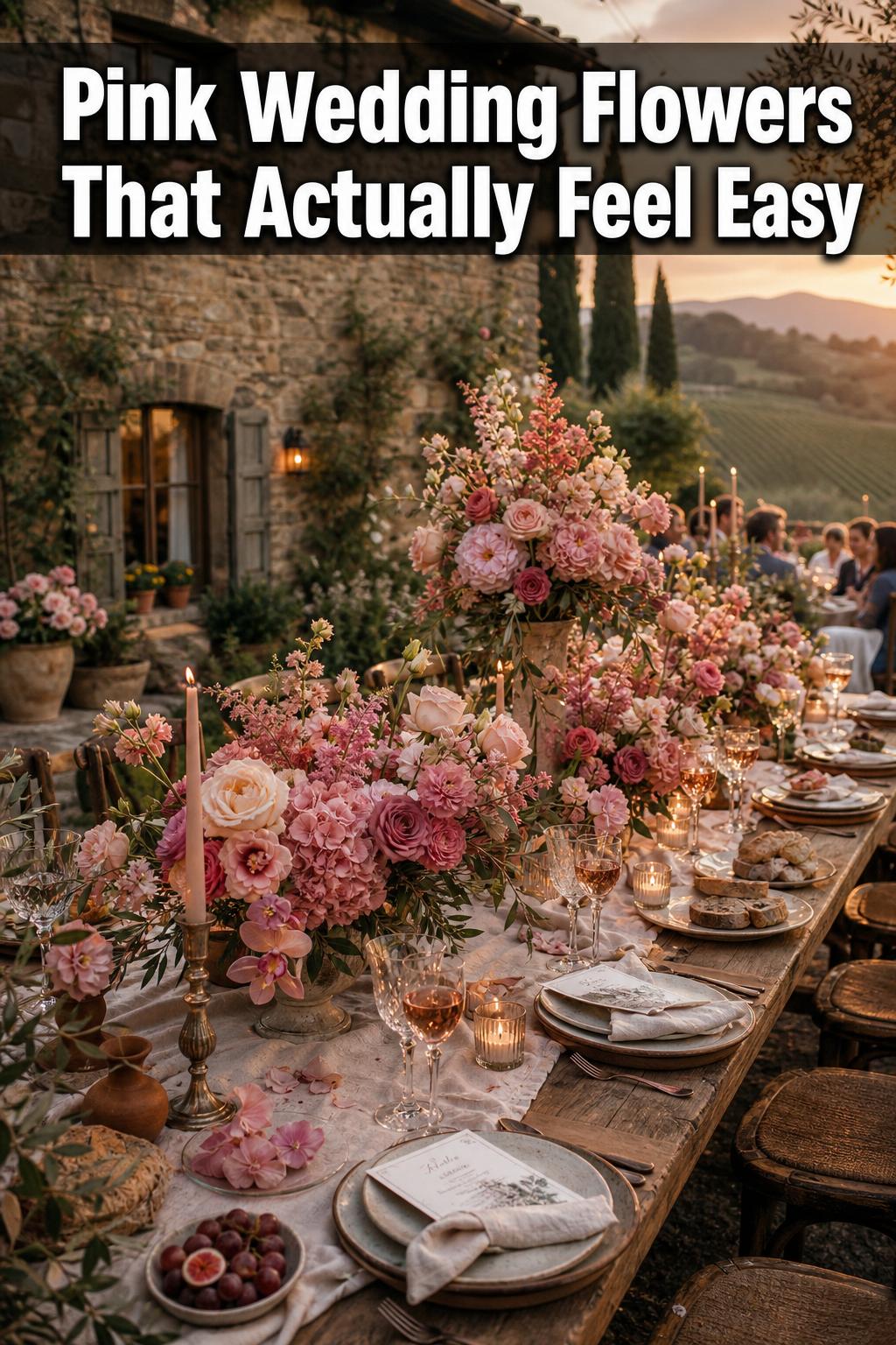 Pink wedding flowers in a romantic bridal bouquet with soft blush roses and peonies