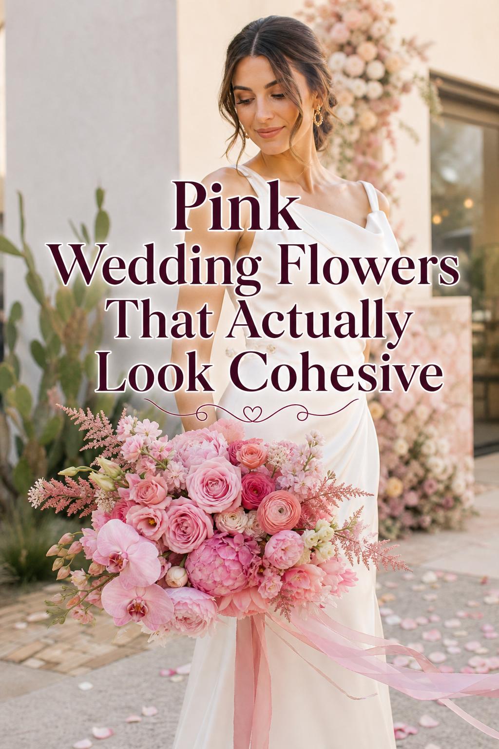 Bride holding sculptural pink wedding flowers bouquet in modern garden courtyard, satin gown, bright editorial daylight